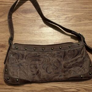 Embossed Brown Leather Shoulder Bag with Stud Accents